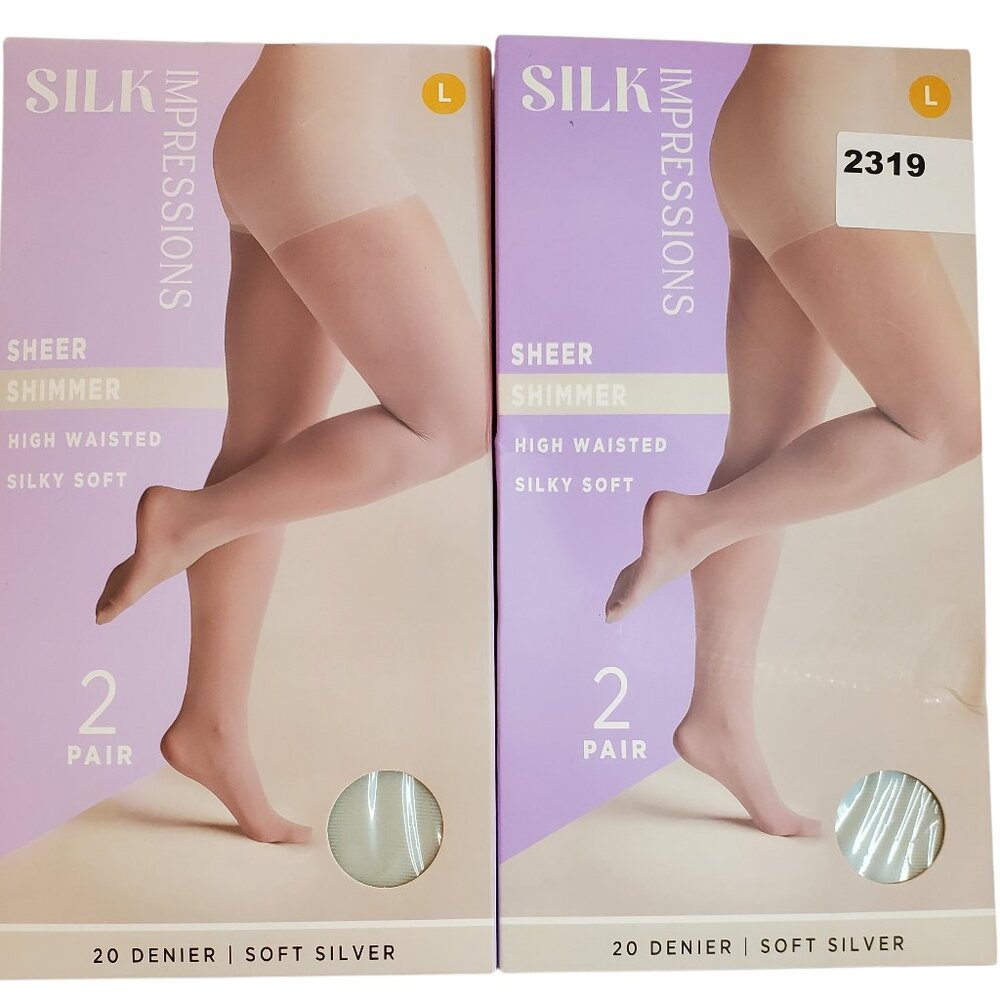 NEW 2 Packs of 2 Pair Silk Impressions SZ L Sheer Shimmer Pantyhose Soft Silver